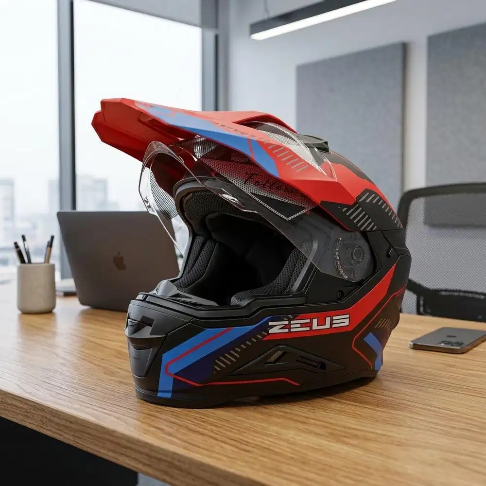 Jual Helm Merk Zeus ZS913 Matt Black / BF19 Red Blue Double Visor