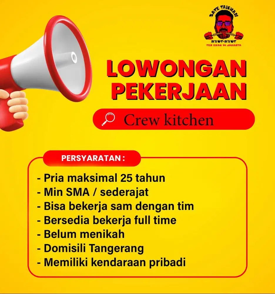 [DIBUTUHKAN SEGERA] Crew Kitchen Sate Taichan Nyot2 Gading Serpong