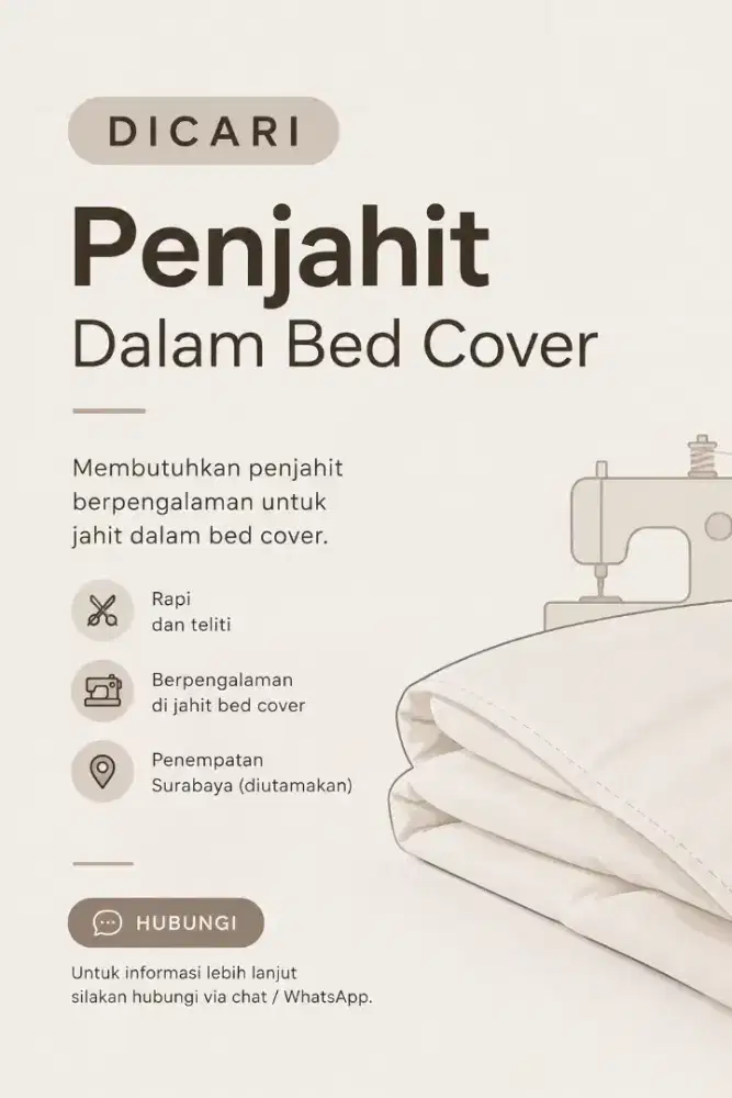Dicari penjahit dalam bed cover kapasan