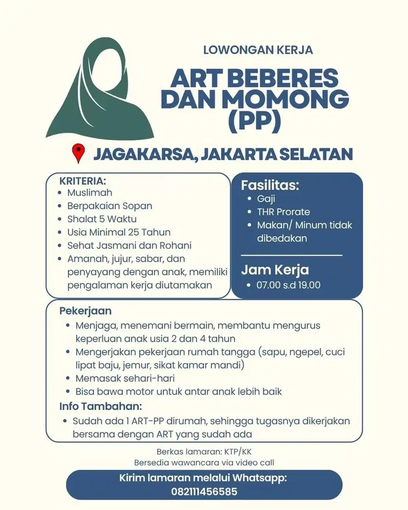 Lowongan ART Beberes dan Momong (PP) Jagakarsa