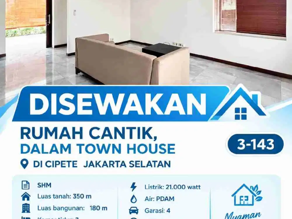 DISEWAKAN RUMAH CANTIK, DALAM TOWN HOUSE DI CIPETE, JAKARTA SELATAN
SHM