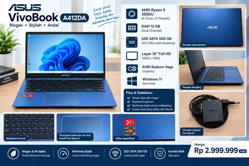 ASUS VivoBook A412DA Ryzen 5 3500U RAM 12GB SSD 500GB FHD