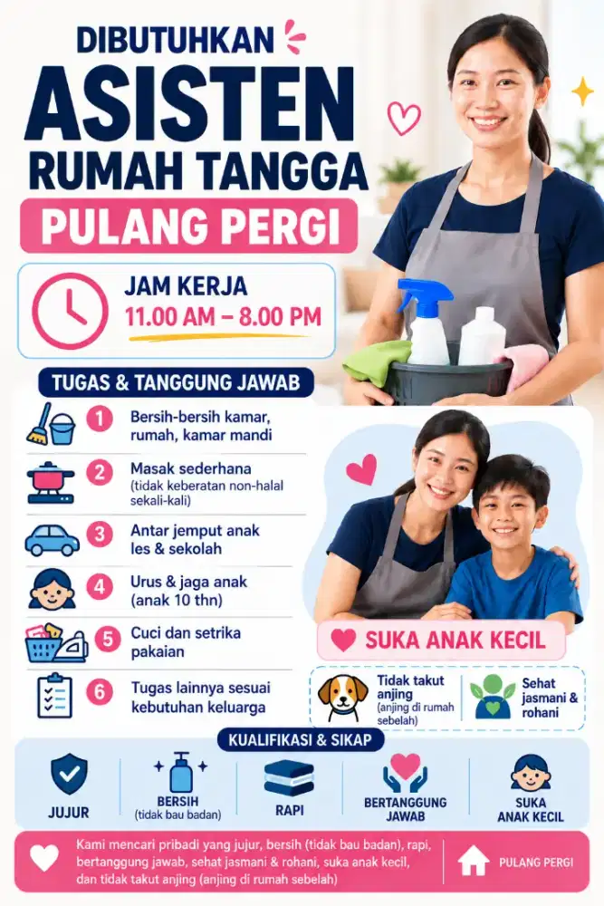 Lowongan ART serabut jaga anak, pulang pergi (lihat foto iklan)