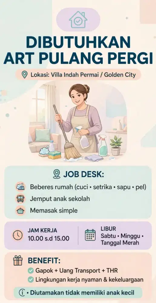 Di Butuhkan ART Pulang Pergi ( Tidak Menginap)