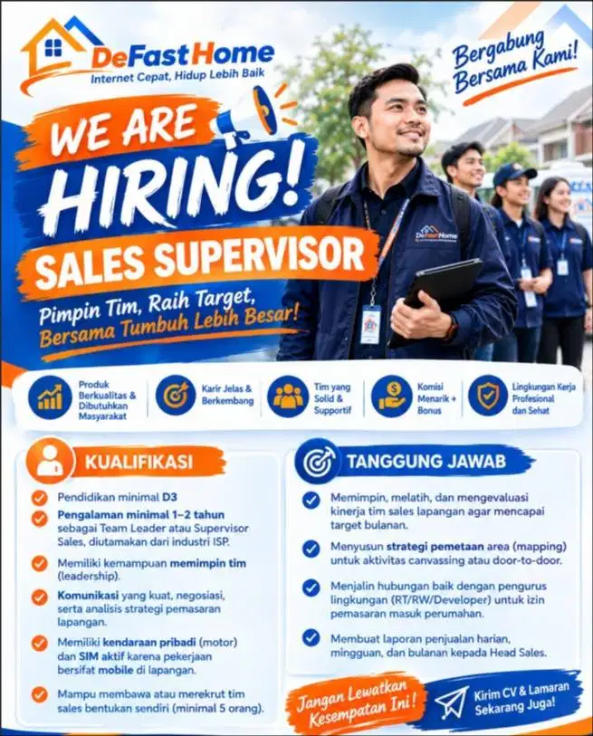 LOWONGAN SALES SUPERVISOR ISP – DeFastHome Wilayah Tangerang