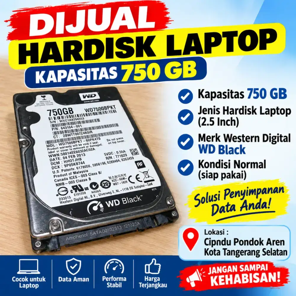 Dijual Hardisk Laptop Kapasitas 750 GB kondisi Normal Lokasi di Cipadu