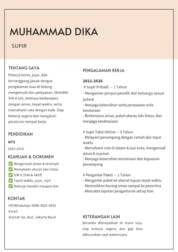 Mencari pekerjaan supir pribadi / apapaun yg halal