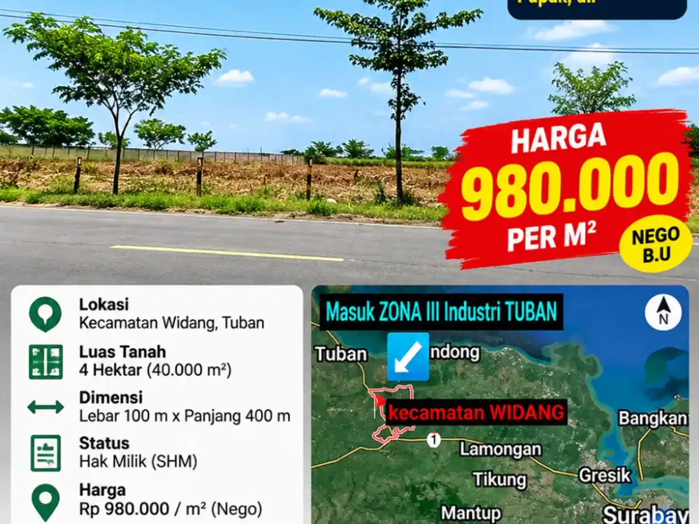 Tanah Industri 4 Ha Widang Tuban Zona Industri III LT 40.000 m2