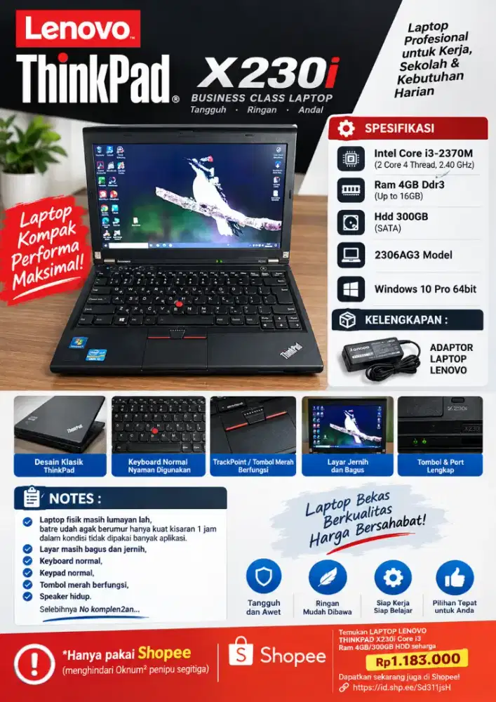 LAPTOP LENOVO THINKPAD X230i Core i3 Ram 4GB/300GB HDD
