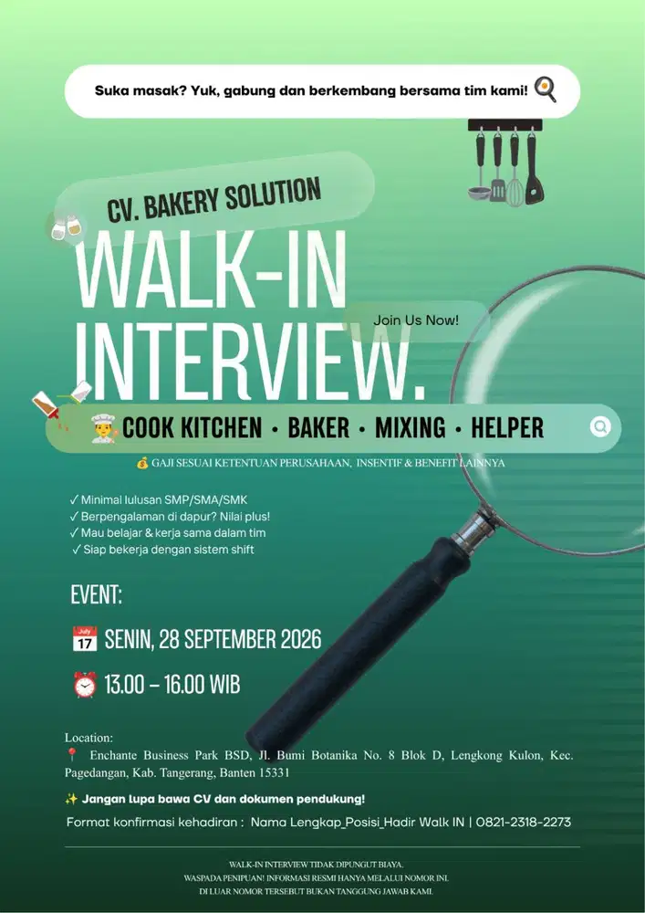 WALKIN INTERVIEW UNTUK POSISI COOK, BAKER, MIXING, HELPER BAKER