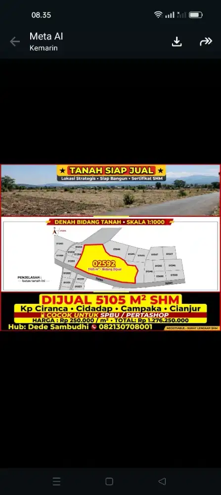 Jual tanah SHM 5105 meter/m2 Campaka ciianjur