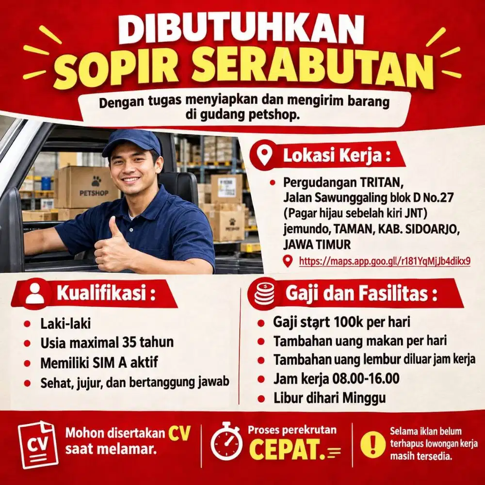 LOWONGAN KERJA SOPIR SERABUTAN PETSHOP