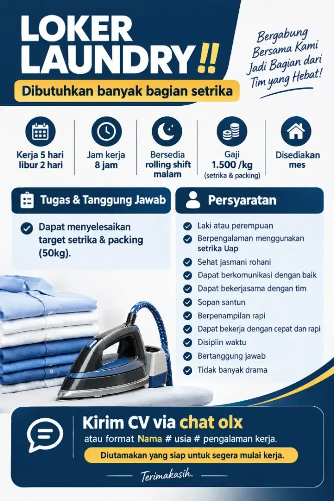 LOWONGAN KERJA LAUNDRY BAGIAN SETRIKA