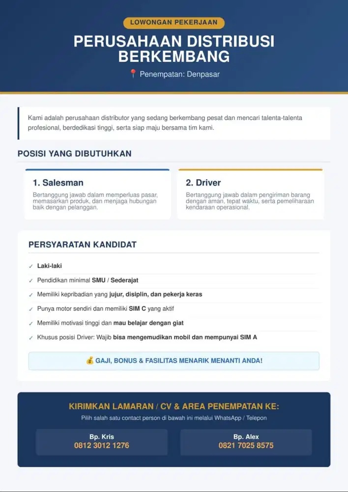Lowongan Pekerjaan - Salesman & Driver - Denpasar