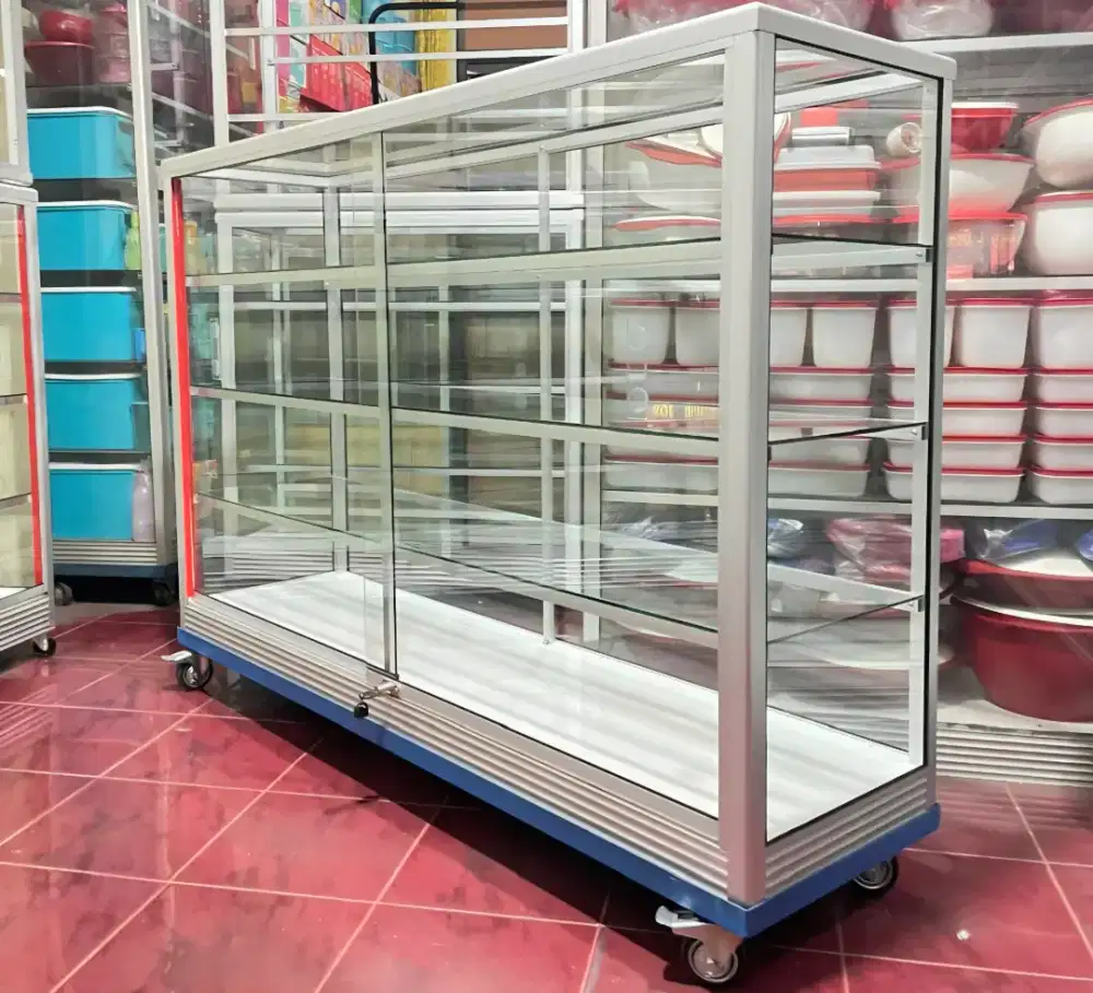 Etalase Panjang 1,5 Meter Sudah PAKE RODA & Kunci