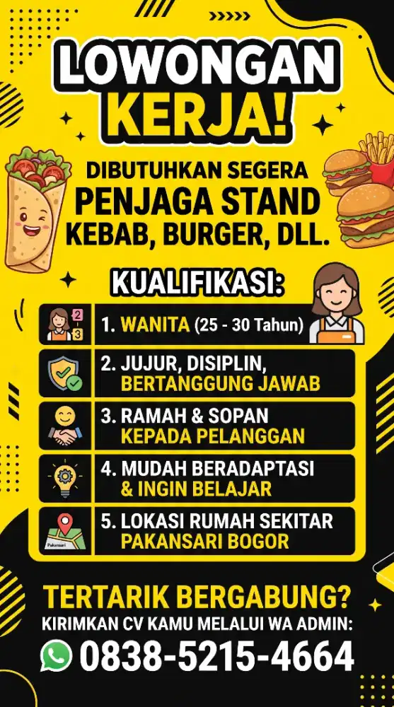 Dibutuhkan penjaga stand makanan kebab, burger
