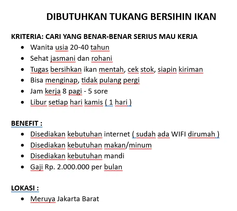 LOWONGAN KERJA UNTUK WANITA - TUGAS BERSIHIN IKAN MENTAH