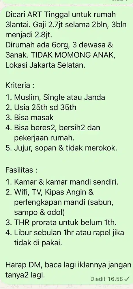 Dicari Pembantu Rumah Tangga Tinggal