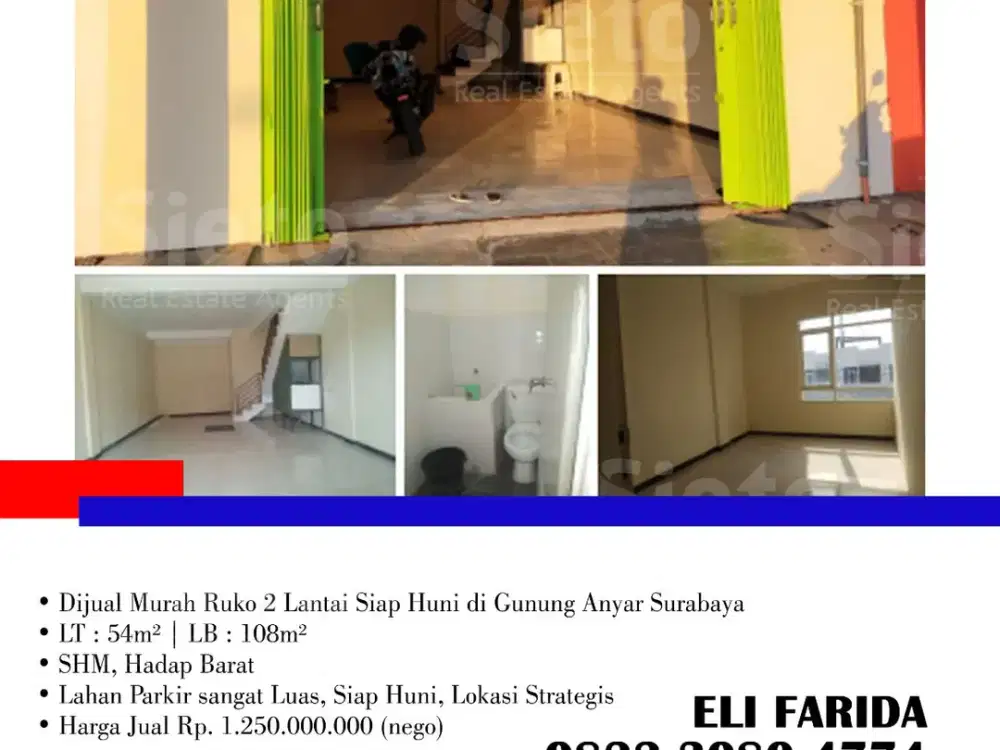Dijual Murah Ruko 2 Lantai Siap Huni di Gunung Anyar Surabaya