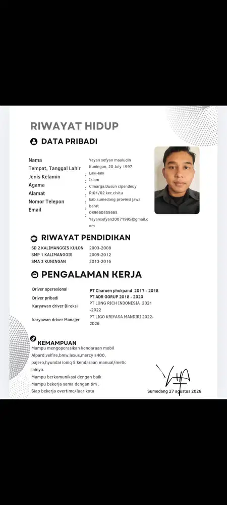 Mencari pekerjaan driver pribadi/operasional.