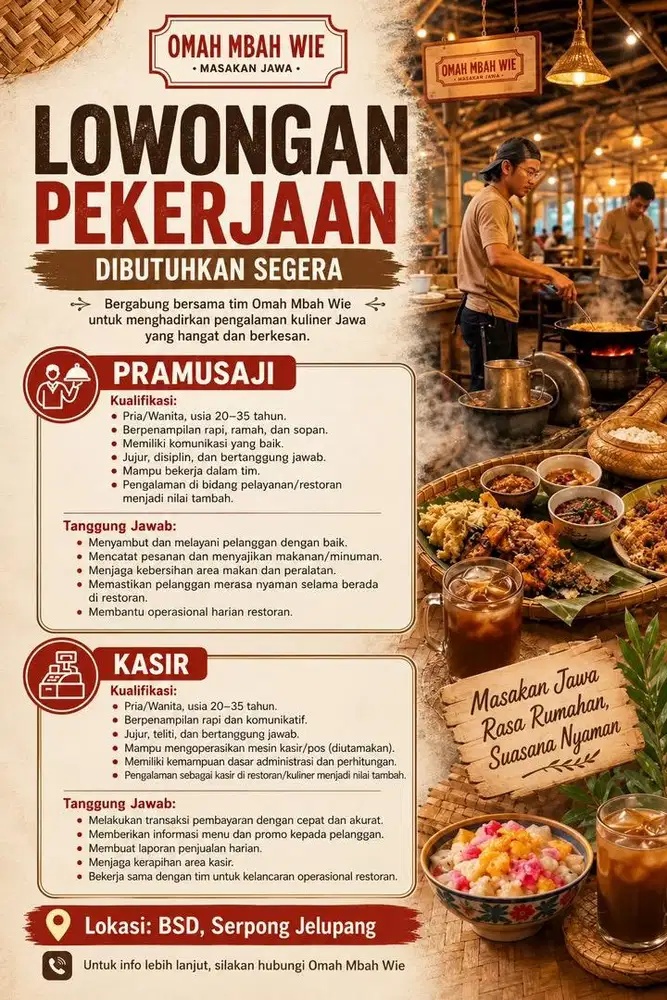 Dicari Kasir dan Pramusaji Restoran Jawa Omah Mbah Wie