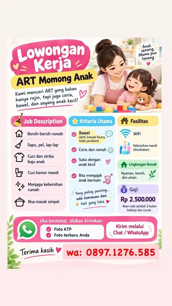 di butuhkan PENGASUH ANAK 2 tahun // ART MOMONG