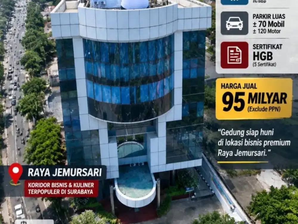 Jual dan sewa gedung office 6 lantai di Raya jemursari luas tanah 2.800m2 siap huni dan sudah ada tenant existing