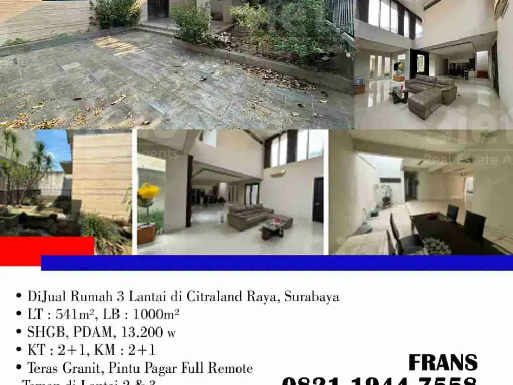 DiJual Rumah 3 Lantai di Citraland Raya, Surabaya