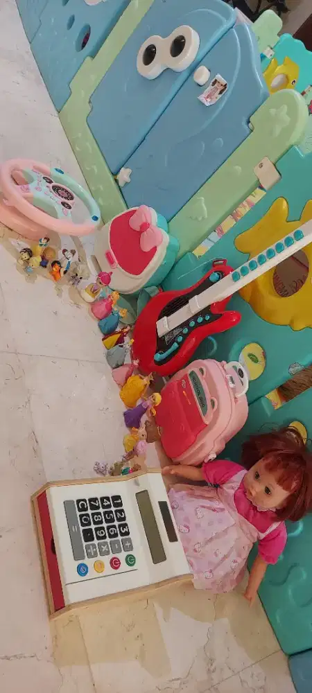 1 set mainan anak, kasir, setir2, princess, gitar mainan, tas mainan