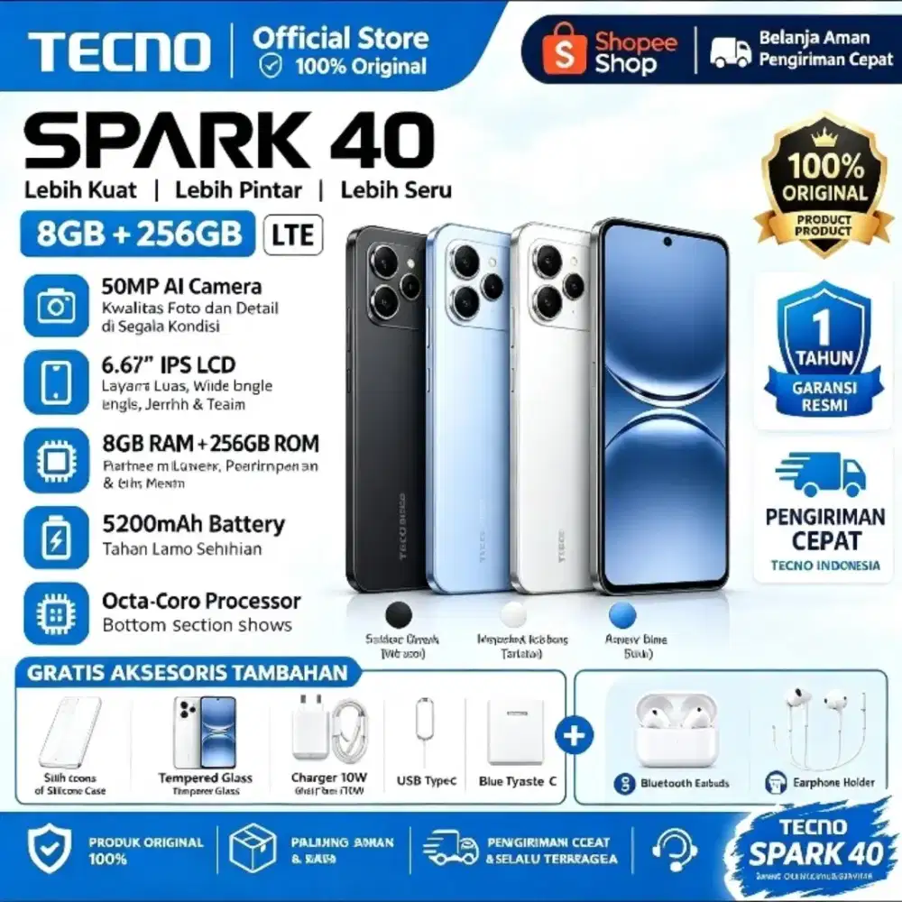 Tecno Spark 40 Ram [8/256gb] New Fullset Garansi 1 Tahun