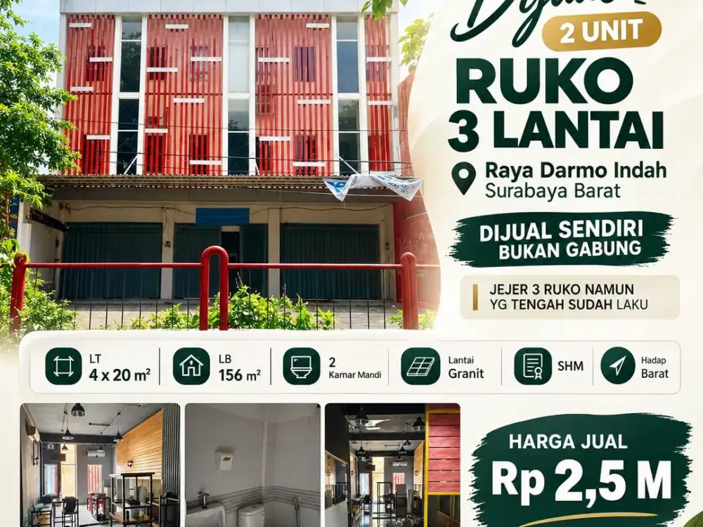 Dijual 2 unit Ruko 3 lt di Raya Darmo Indah