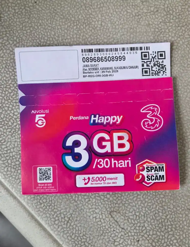 perdana tri no cantik triple 999  kuota 3gb jarang ada