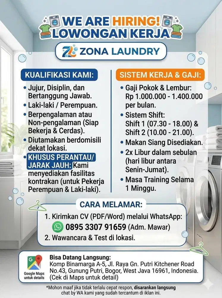 DIBUTUHKAN SEGERA: KARYAWAN/KARYAWATI ZONA LAUNDRY CAGAK GUNUNG PUTRI