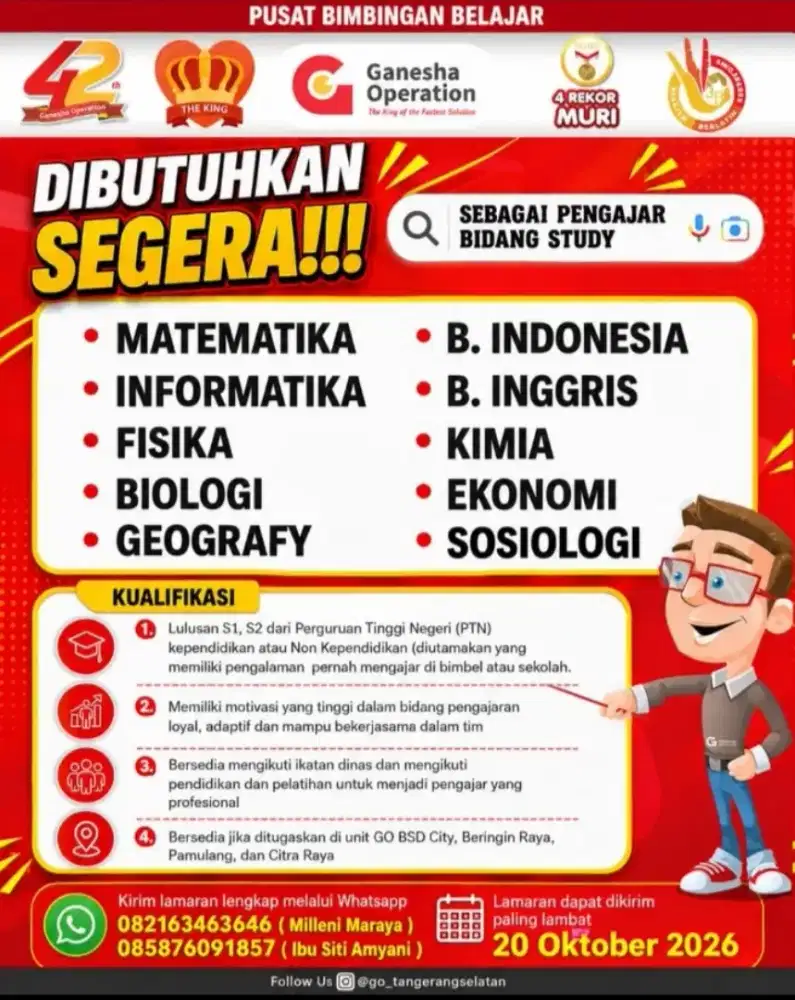 Dibutuhkan pengajar utk area tangerang & tangsel