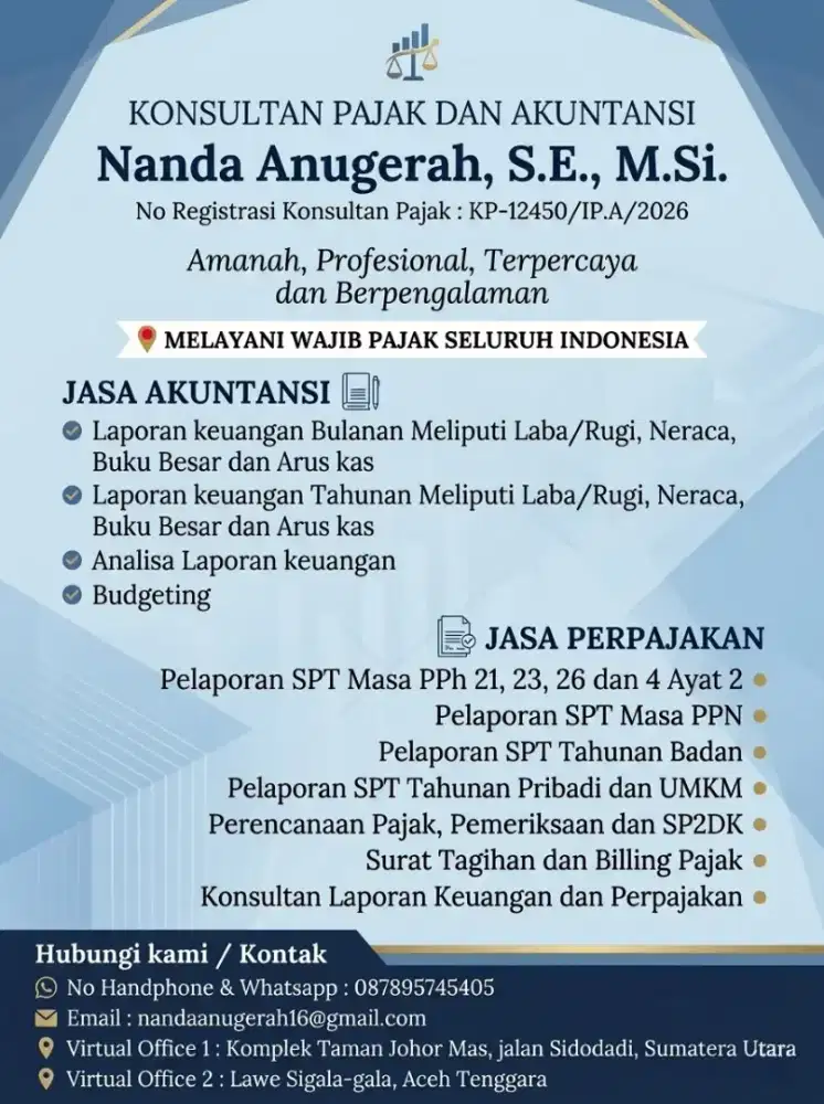 Jasa Konsultan, Perhitungan & Pelaporan Pajak dan Akuntansi pembukuan