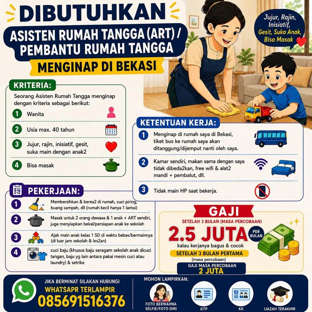 ART (Asisten Rumah Tangga) + Teman Main Anak Menginap di Bekasi