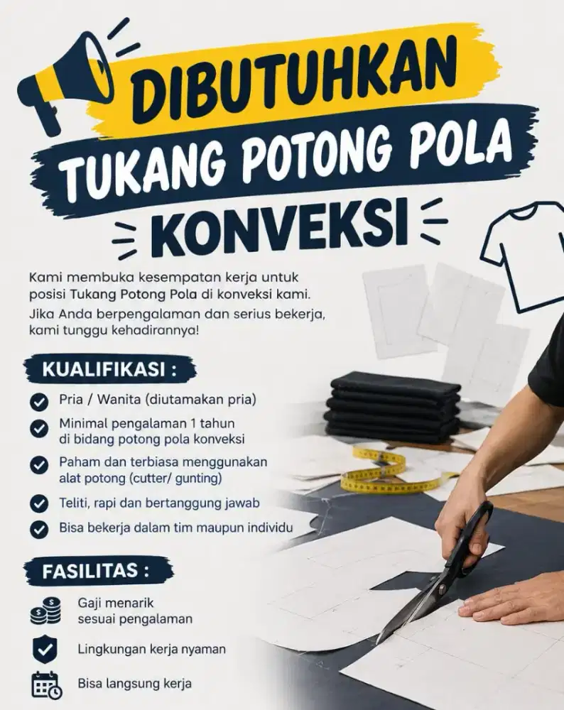 Dibutuhkan tukang potong pola jahit untuk konveksi