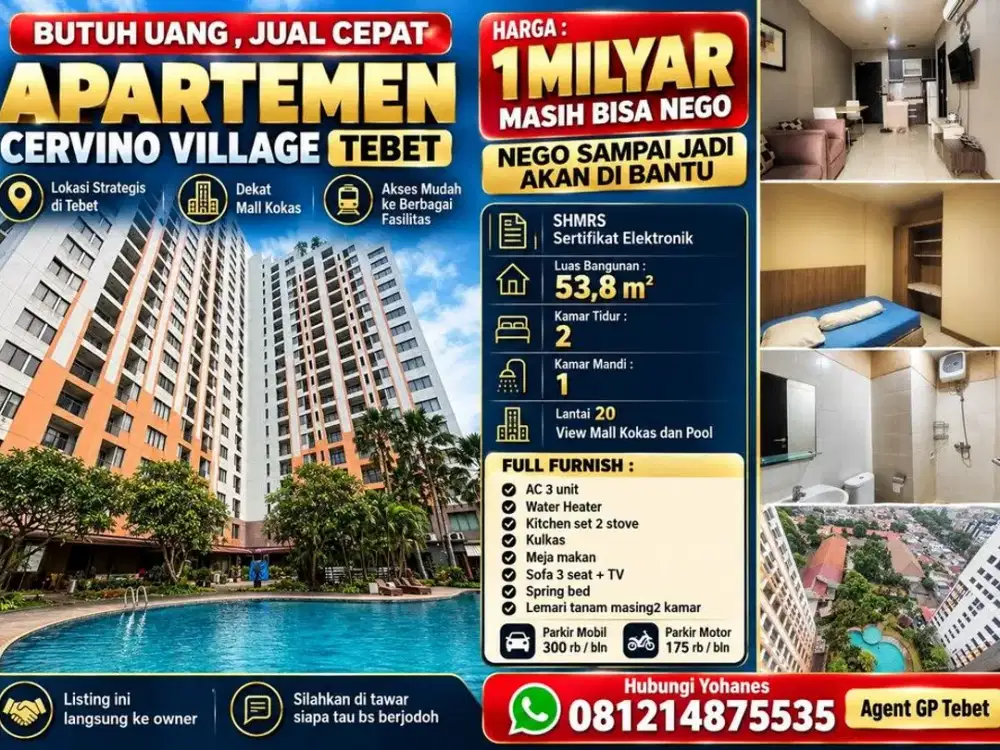 Jual cepat Apartemen Cervino Village Tebet 2BR Lantai 20