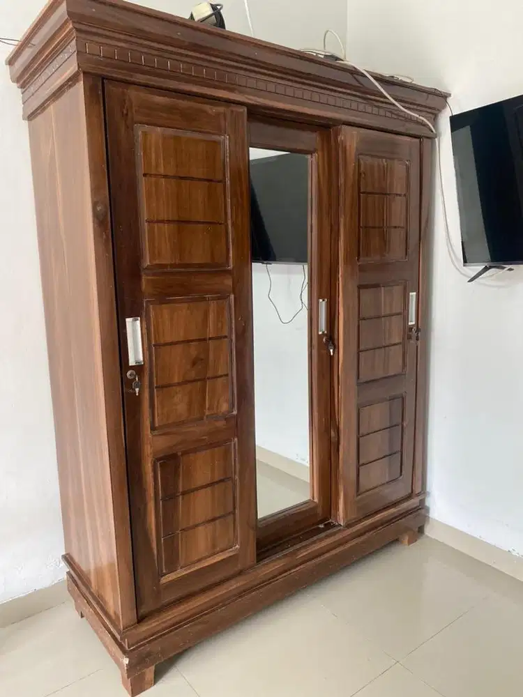 Lemari pakaian sleding 3 pintu kayu jati 2 gantungan 1 rak Full cermin
