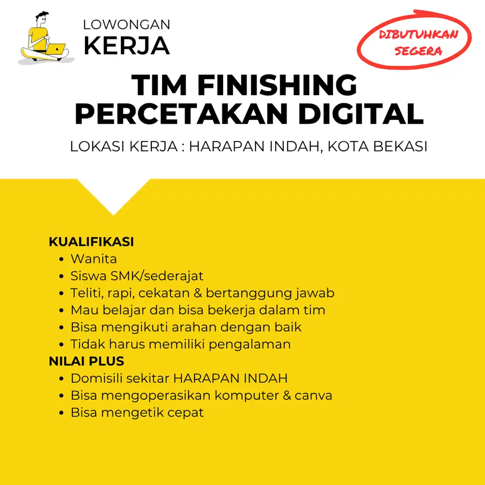 LOWONGAN KERJA TIM FINISHING PERCETAKAN DIGITAL