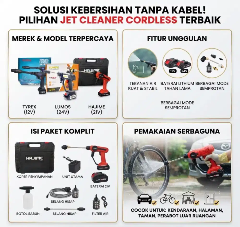 Cordless Jet Cleaner Mesin Cuci Motor Steam AC 1 Baterai HAJIME