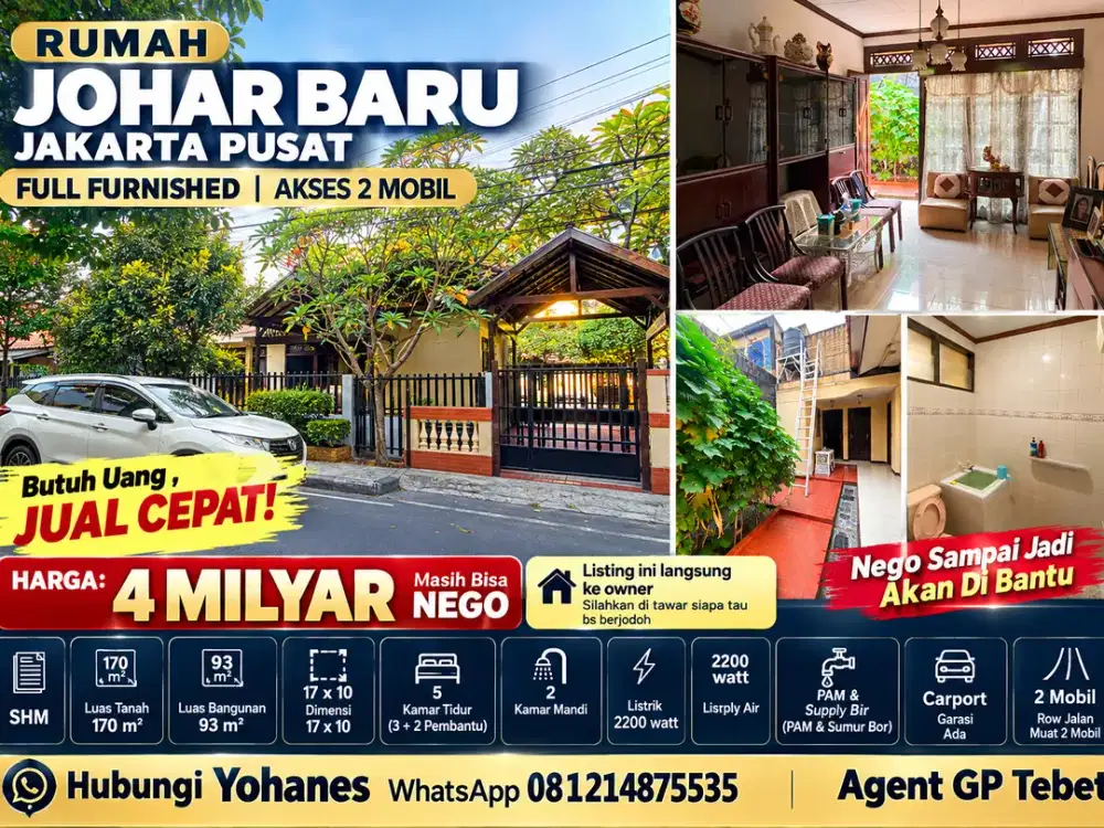 Rumah Johar Baru Jakarta Pusat Full Furnished Akses 2 Mobil