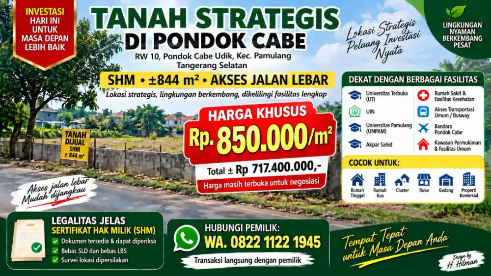 Dijual Cepat Tanah Kavling SHM Lt.844m