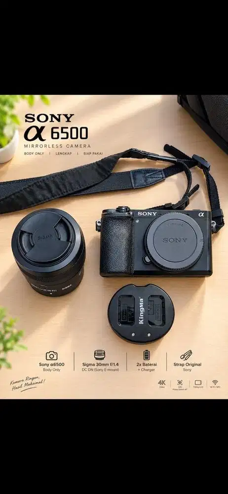 Kamera Sony A6500 + Lensa Sigma 30mm F1.4 DC DN (Bonus Tas Kamera)