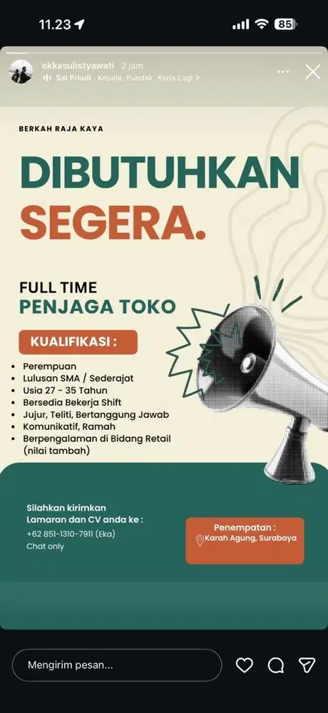 Dibutuhkan segera penjaga toko FULL TIME