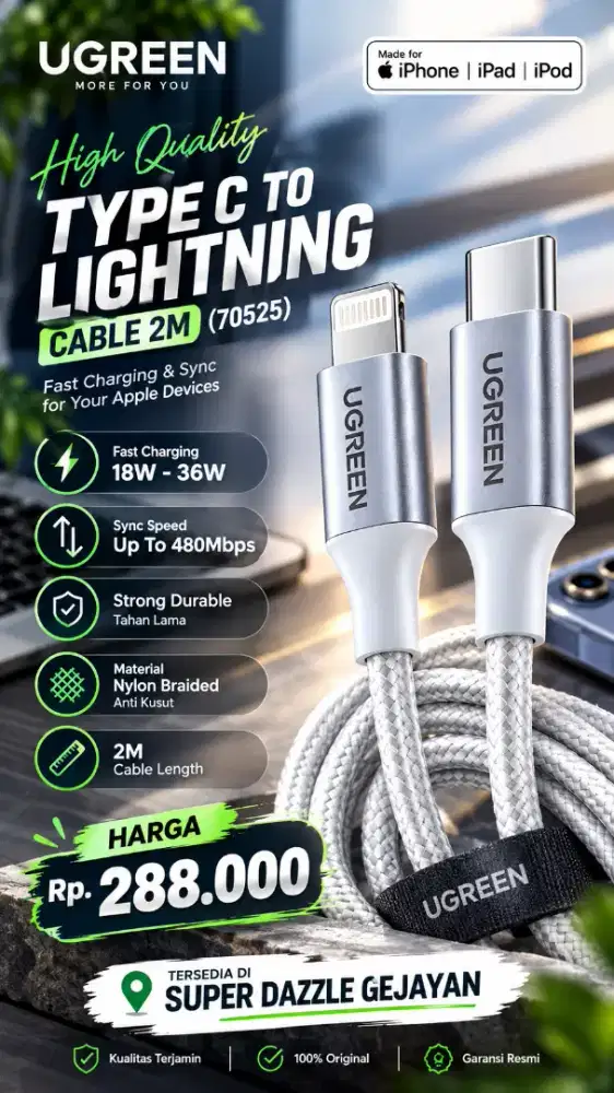 UGREEN TYPE C TO LIGHTNING MFI 2M CABLE (70525)