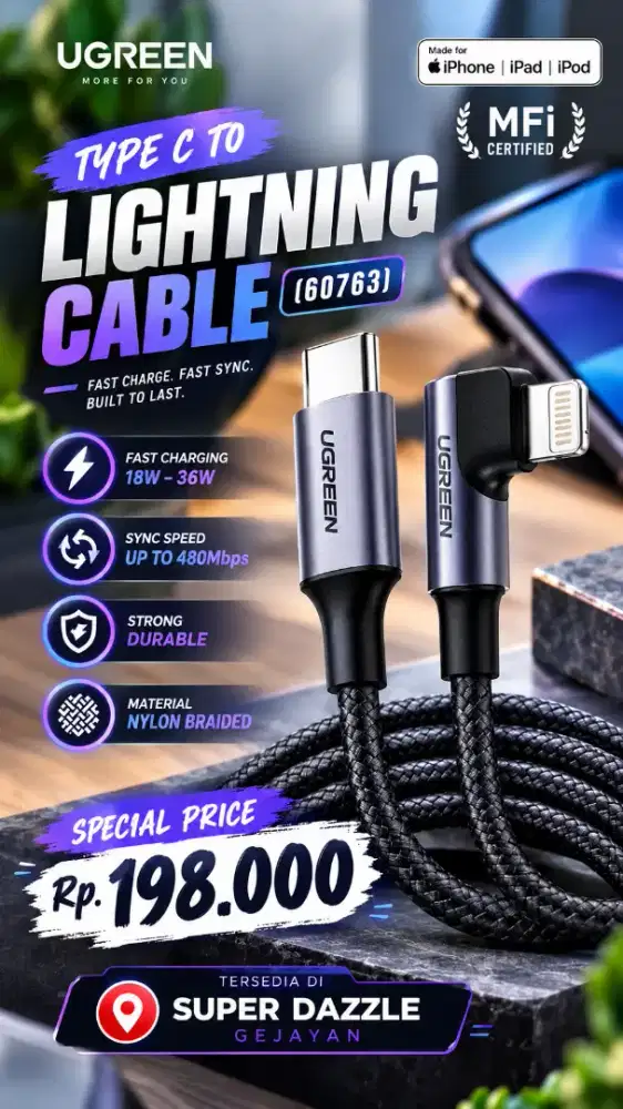 UGREEN TYPE C TO LIGHTNING MFI CABLE (60763)