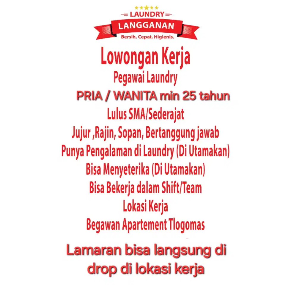 DI BUTUHKAN PEGAWAI LAUNDRY