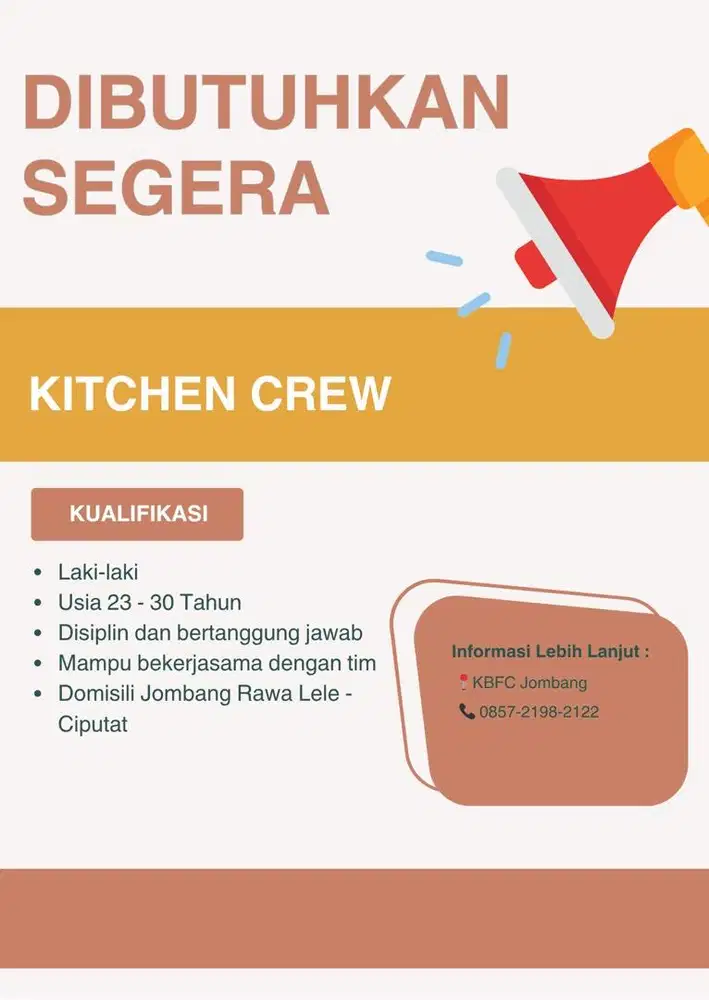 Dibutuhkan segera staff kitchen