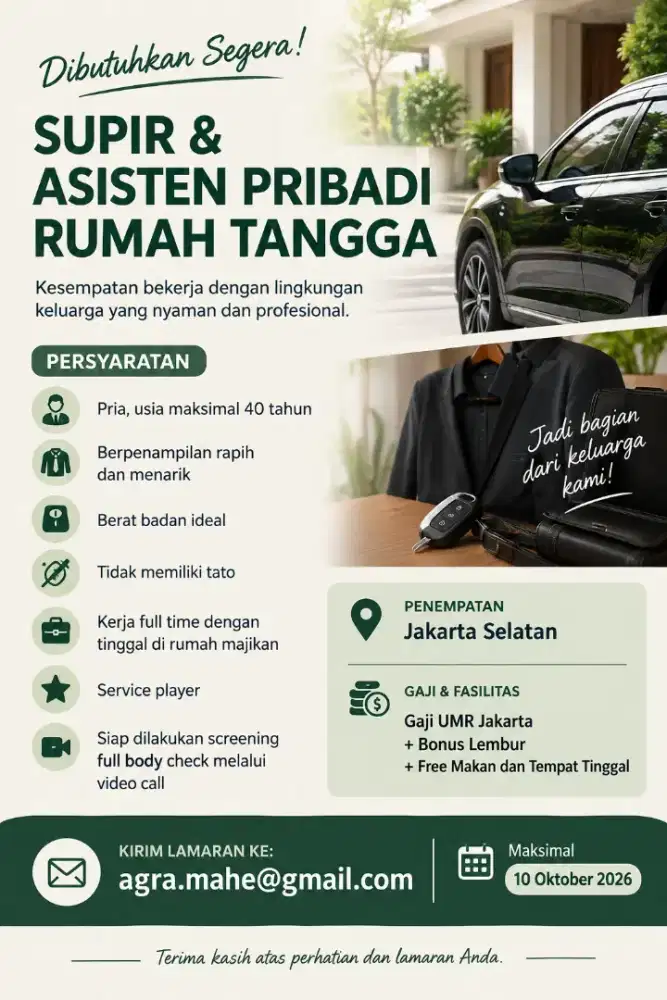 Lowongan Kerja Supir dan Assiten Pribadi